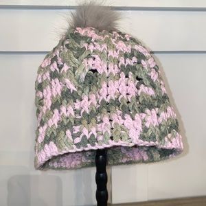 Handmade Crochet Beanie Hat, pink camo